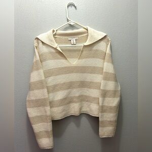Beige & Cream Stripe Cropped Collared Pullover Knit Sweater